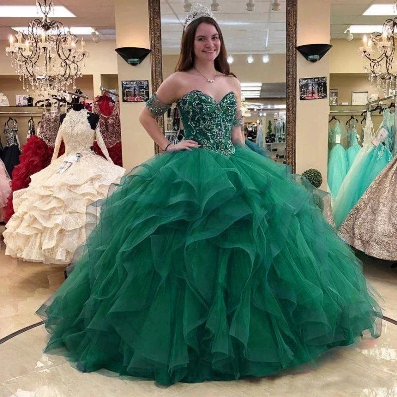 

Vintage Green Sweetheart Princess Quinceanera Dresses For 15 Party Sparkly Crystal Organza Formal Birthday Party Ball Gown