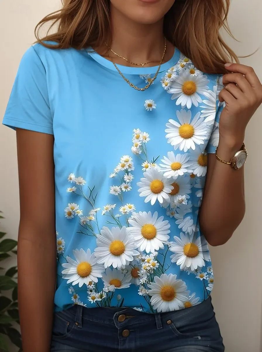 

Женская футболка с цветочным рисунком, модная стильная классическая футболка с короткими рукавами и круглым вырезом, обычные топы, повседневные летние принты выходного дня