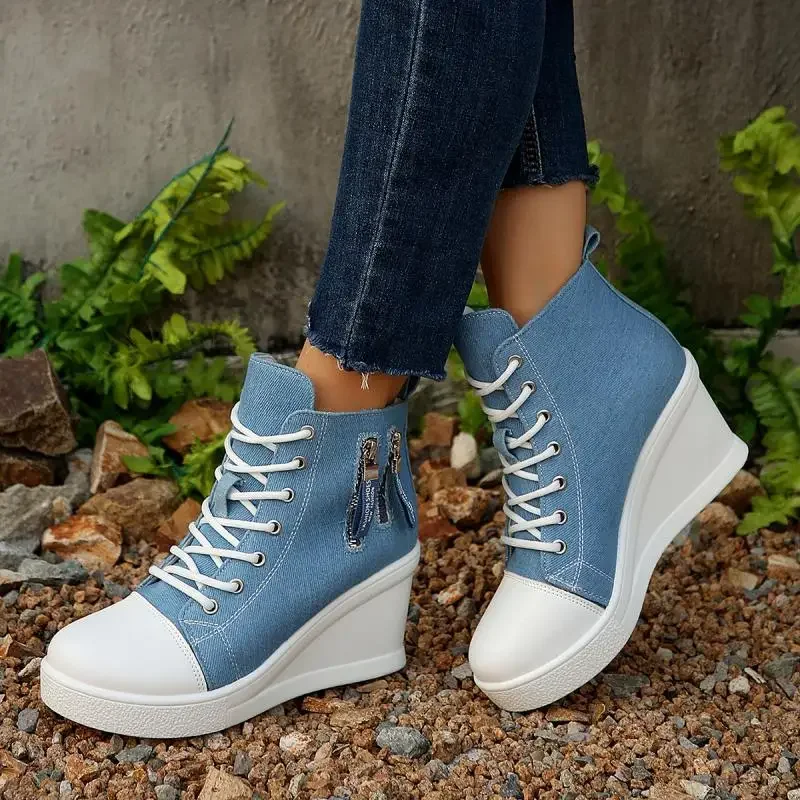 Fashion Denim Blue Canvas Shoes Women 2025 Autumn Metal Zip Decoration Lace Up Wedge Heel Pumps Casual High Heel Ankle Shoes