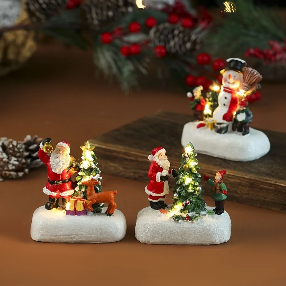 

Fashion Resin Christmas Village Houses Mini Santa Claus Xmas Ornament LED Light Craft New Year Micro Landscape Desktop Decor