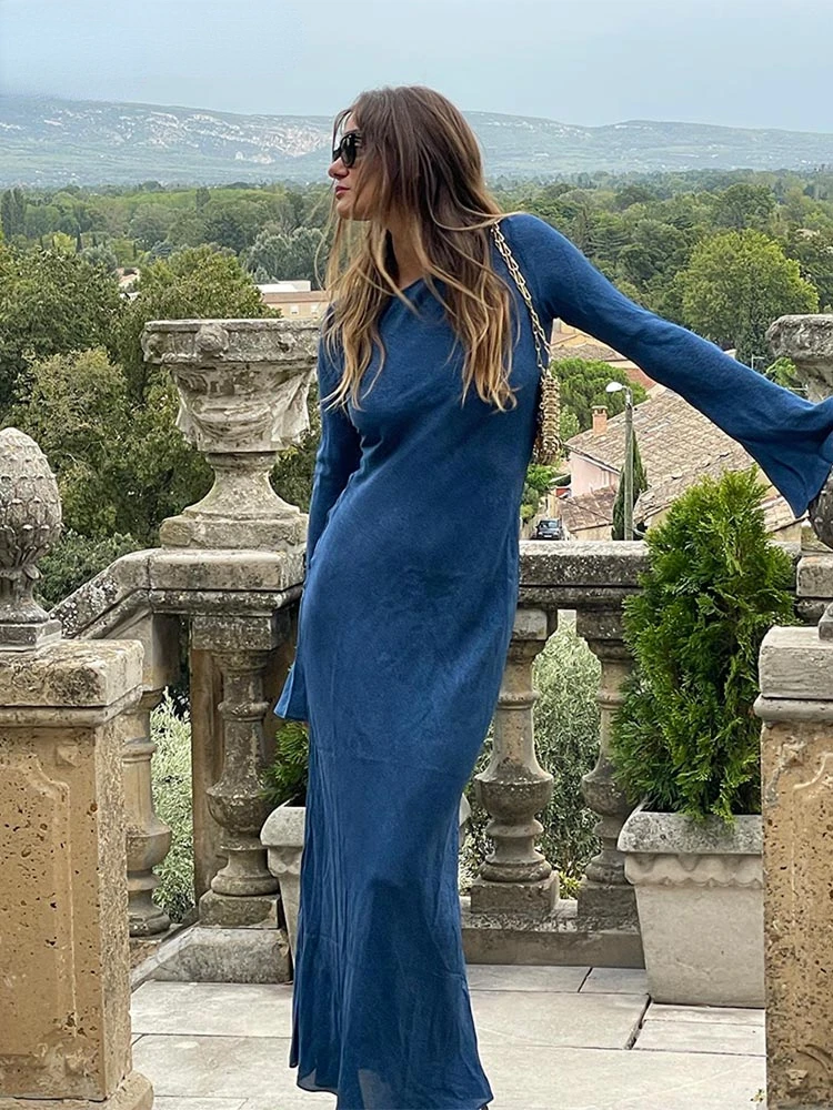 Fashion Crew Neck Slim Fit A-line Long Robes Women Elegant Flare Sleeve Maxi Dress2024 New Female Chic Commute Street Dresses