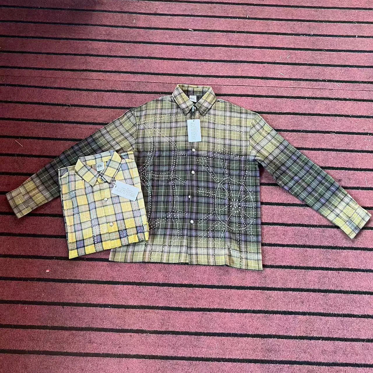 

V Valley Американский модный бренд adient Rhinestone Long Sve Повседневная свободная мужская клетчатая одежда High Street Sle Cotton