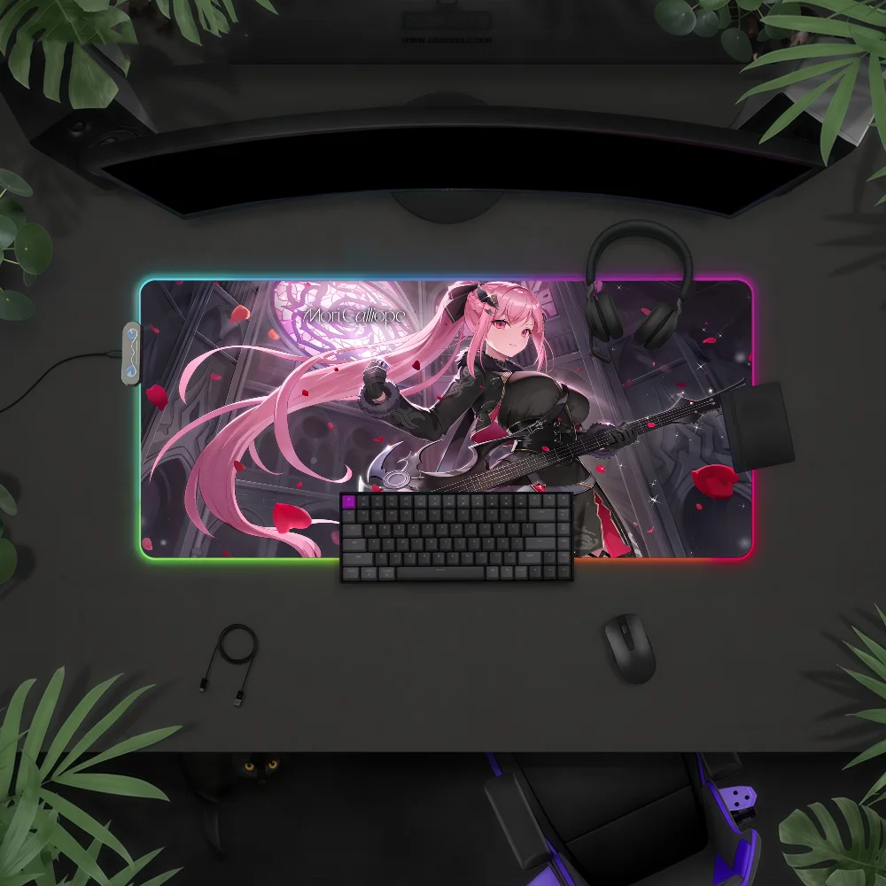 

Коврик для мыши VTuber Rapper Mori Calliope с RGB LED-подсветкой, красочный, для игровой клавиатуры, нескользящий, водонепроницаемый, для стола