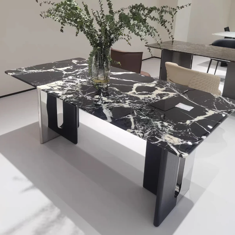 

Household natural luxury stone dining table restaurant stainless steel table legs dining table natural marble rectangle