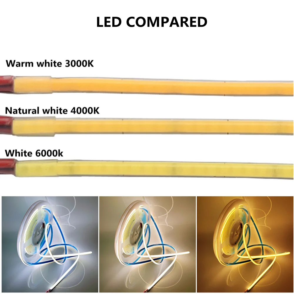 Super Slim 3mm 384leds/m COB LED Strip Light For Room Decor Flexible Tape Ribbon 3000-6000K Red Green Blue Yellow RA90 DC12V/24V