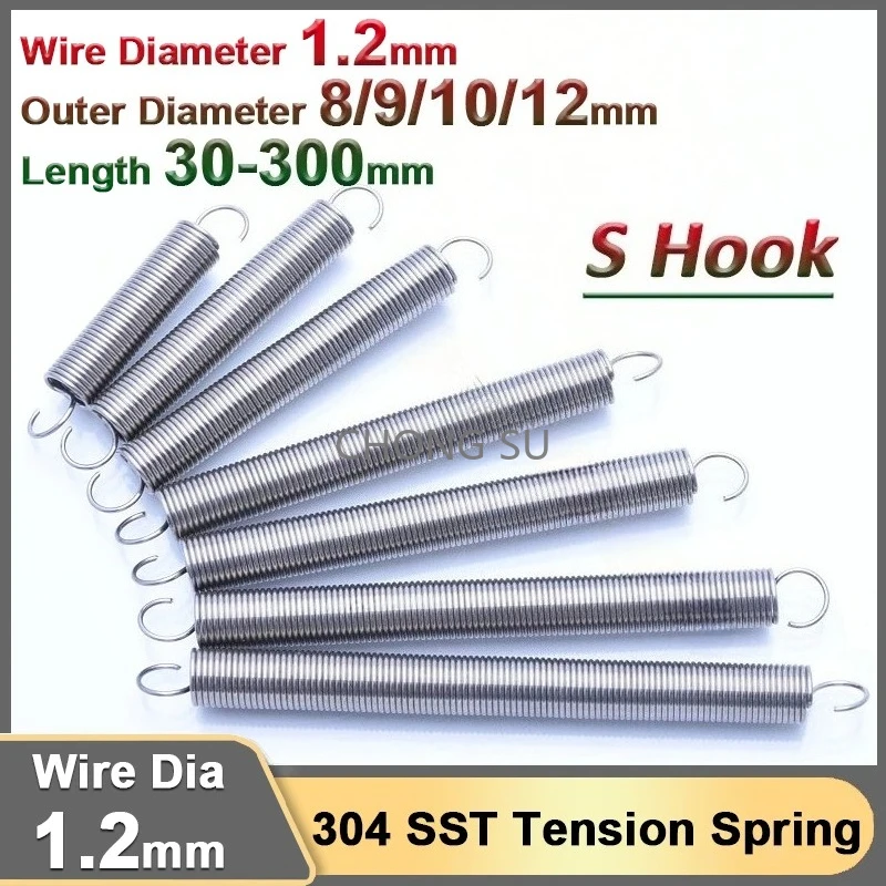 

1.2mm 304Stainless Steel Open S Hook Tension Spring Extension Pullback Expansion Tensile Stretching Springs OD 8-12mm L 30-300mm