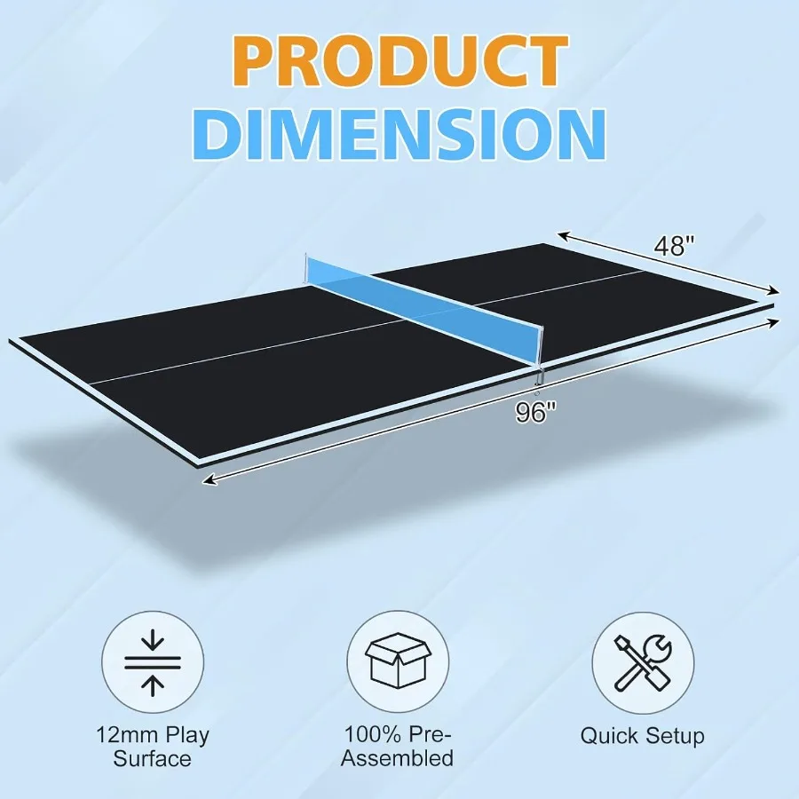 7/8/9ft Mid-Size Ping Pong Conversion Top with Net Set for Billiard and Pool Tables - Regulation Top Converts Billiards into Pi