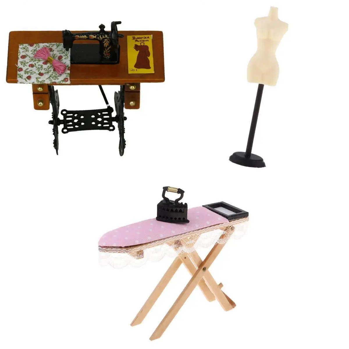Dollhouse Miniature Ironing Board Sewing Machine Mannequin Stand Model Furniture Accessories for 1 12 Scale Dollhouse Decoration