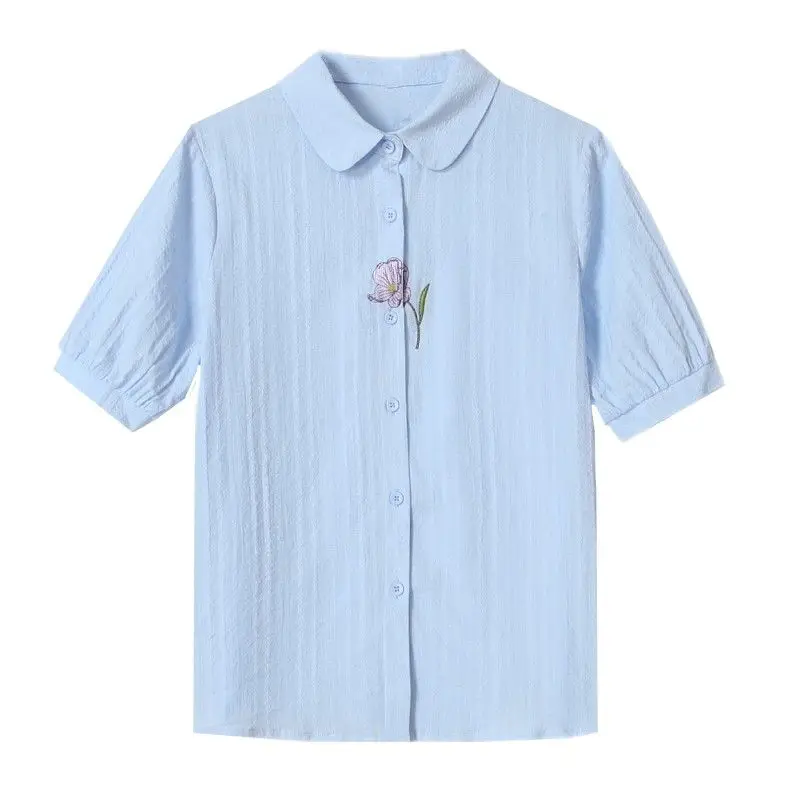 

Новые летние шикарные топы из чистого хлопка с цветочной вышивкой, женские элегантные однотонные тонкие рубашки с короткими рукавами для поездок на работу