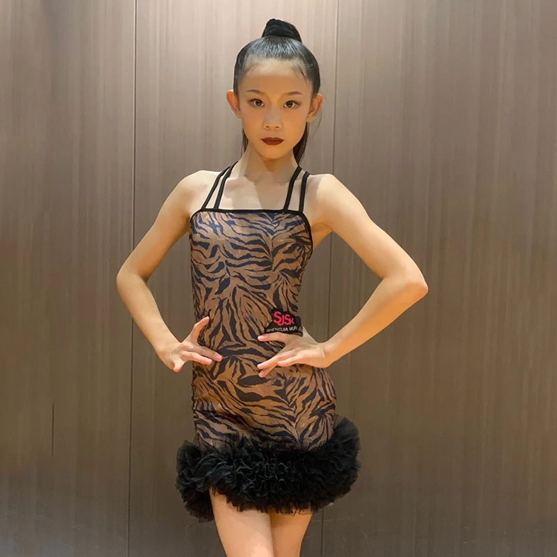 Latin Dance Training Clothes For Girls Back Metal Ring Fluffy Dress Children Chacha Rumba Tango Latin Performance Wear DN15858