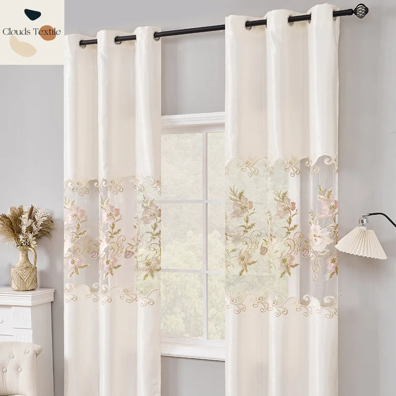 European Luxury Embroidered White Curtains for Living Room Bedroom Small Door Window with Iron Rings Classical Curtain