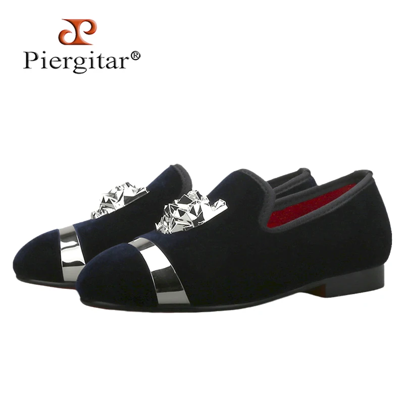 Piergitar Handmade Navy Velvet Children Flat Shoes Parent Child Shoe Sliver Strap Buckle Kid Loafers For Birthday Multiple Sizes