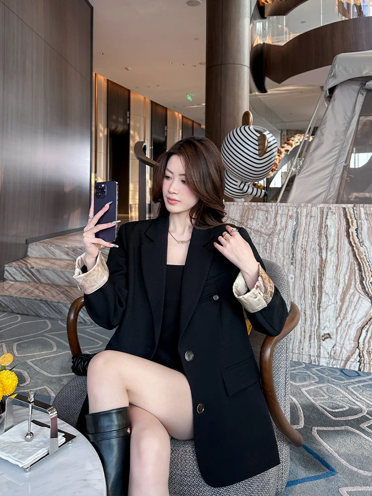 우아한 블랙 수트 재킷 여성용 루즈 캐주얼 스타일 출퇴근 패션 폴리에스터 긴 소매 싱글 버튼 클로저 단색