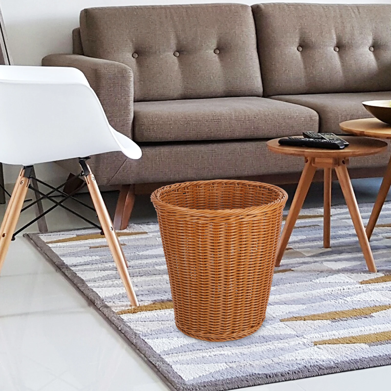

False Rattan Woven Trash Bin Lightweight Compact Storage Basket Household Decorative Waste Container Plastic Trash Can