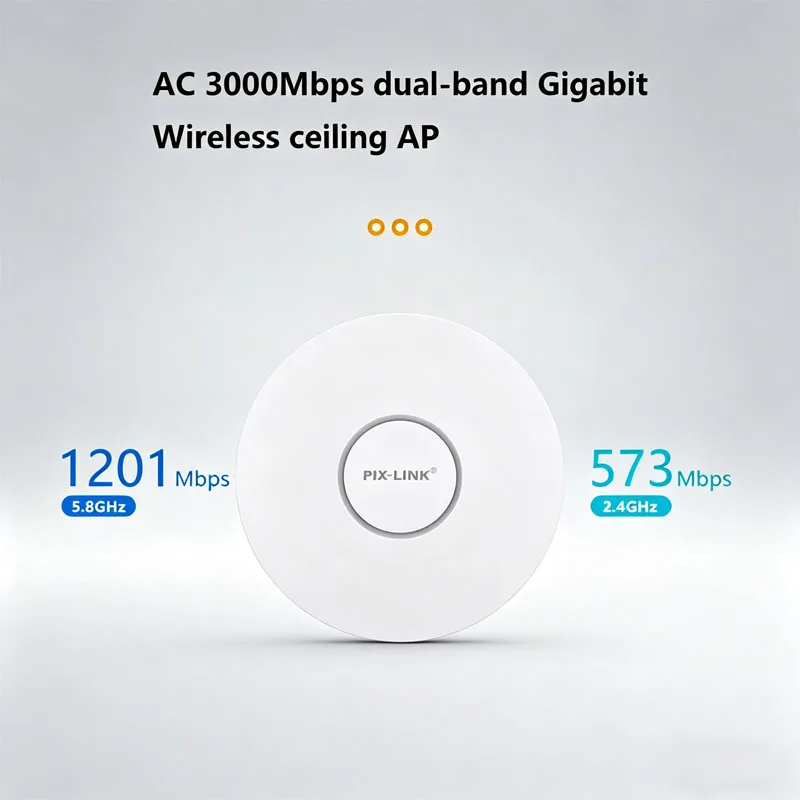 

PIX-LINK WiFi 6 потолочная точка доступа AX3000, двухдиапазонная 2.4ГГц 600Мбит/с + 5ГГц 2400Мбит/с, гигабитный порт, PoE, режим FIT/FAT для отелей/офисов