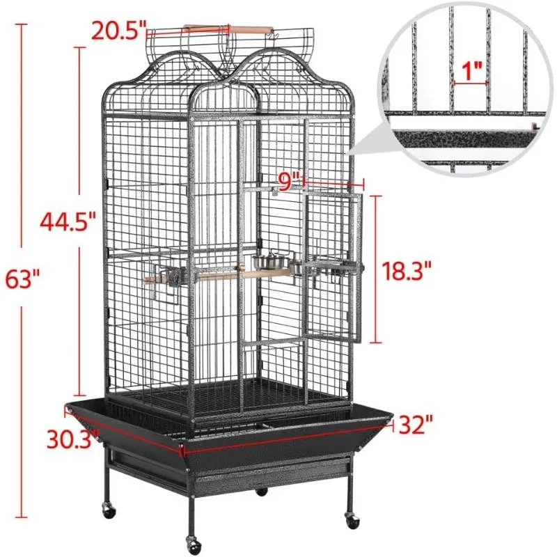 63'' Bird Cage with Stand Wrought Iron Rolling Open Play Top Large Bird Cage for Mini Macaw African Grey Parrot