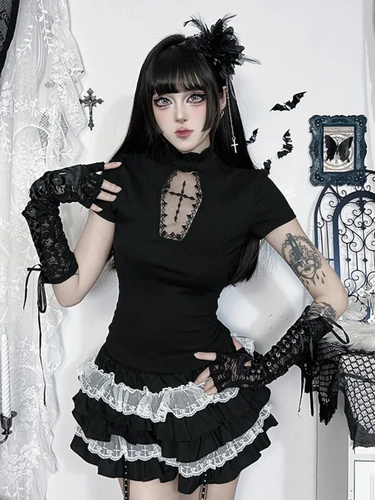 

American Kawaii Mall Goth 2 Piece Set Women Aesthetic Streetwear Vintage Skirt Y2k E-girl Lace Patchwork Short Sleeve O-neck Top