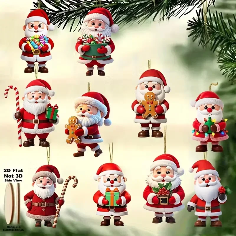 2D Flat, 10-Piece Set of Traditional Wooden German-Style Natural Wood Santa Claus and Gingerbread Man Doll-Shaped Decorations
