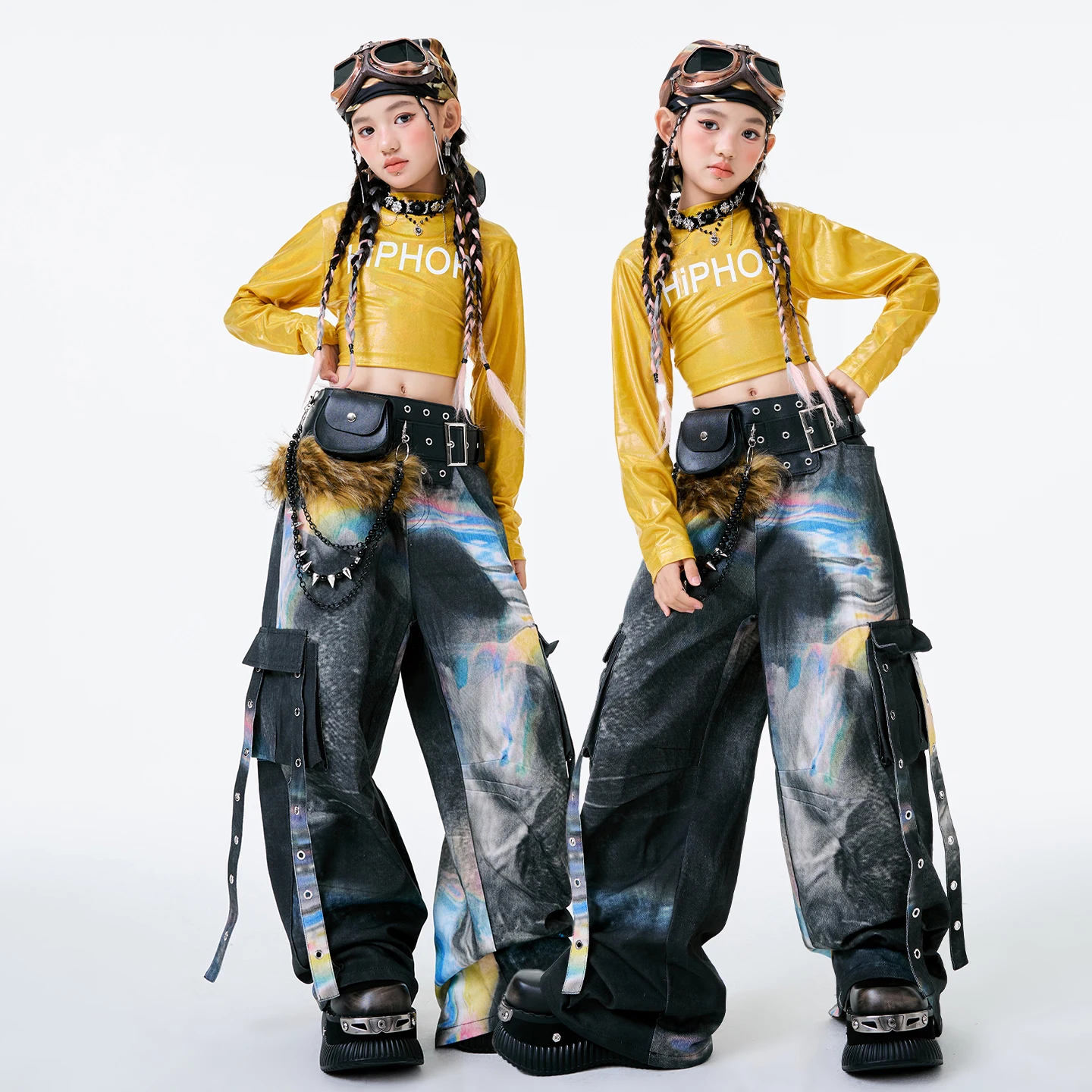 2025 Children Hip Hop Dance Costumes For Girls Yellow Crop Tops Loose Pants Outfits Modern Jazz Performance Clothing DQS21038