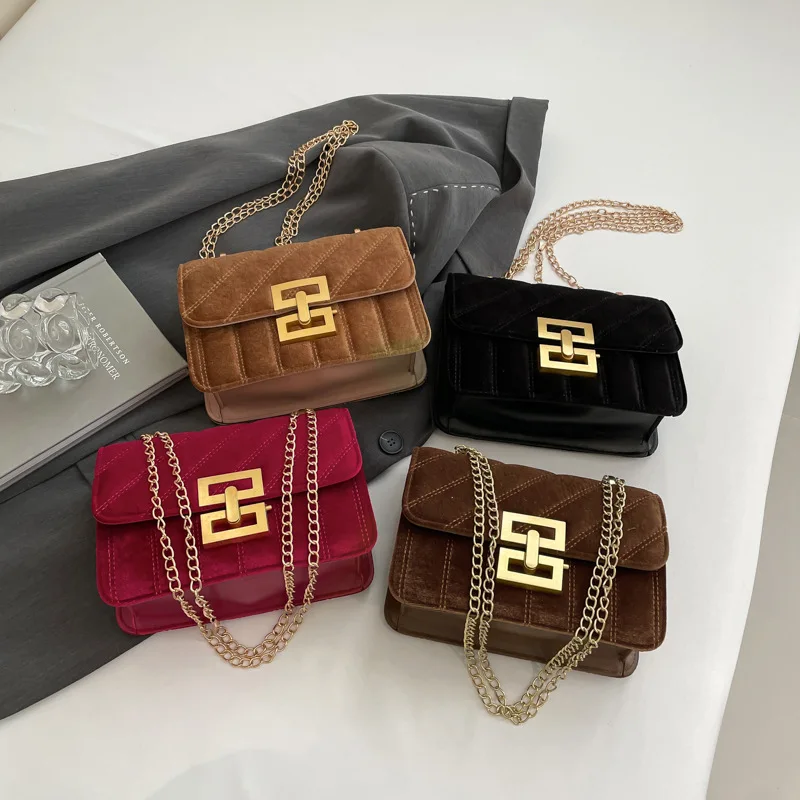 

New Fashion Velvet Quilted Shoulder Bag for Women Vintage Lock Buckle Diagonal Crossbody Bag Pure Color Square Shoulder Bags