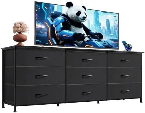 63''W Dresser for Bedroom, Black Dresser TV Stand for 65, 70, 75 inch TV, Wide Chest of Drawers with 9 Drawer, Large