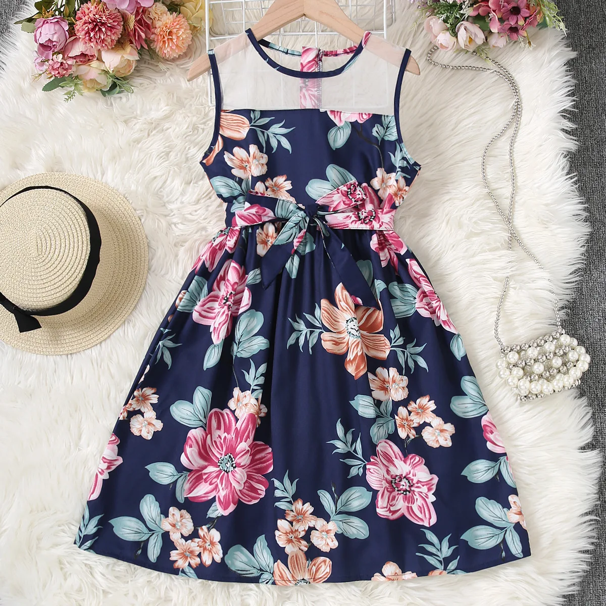 2024 Summer New Arrival Girls Sleeveless Sashes Print Floral Blue Cute Dress Infantil Menina Cute Party Dress Custume 8-12T