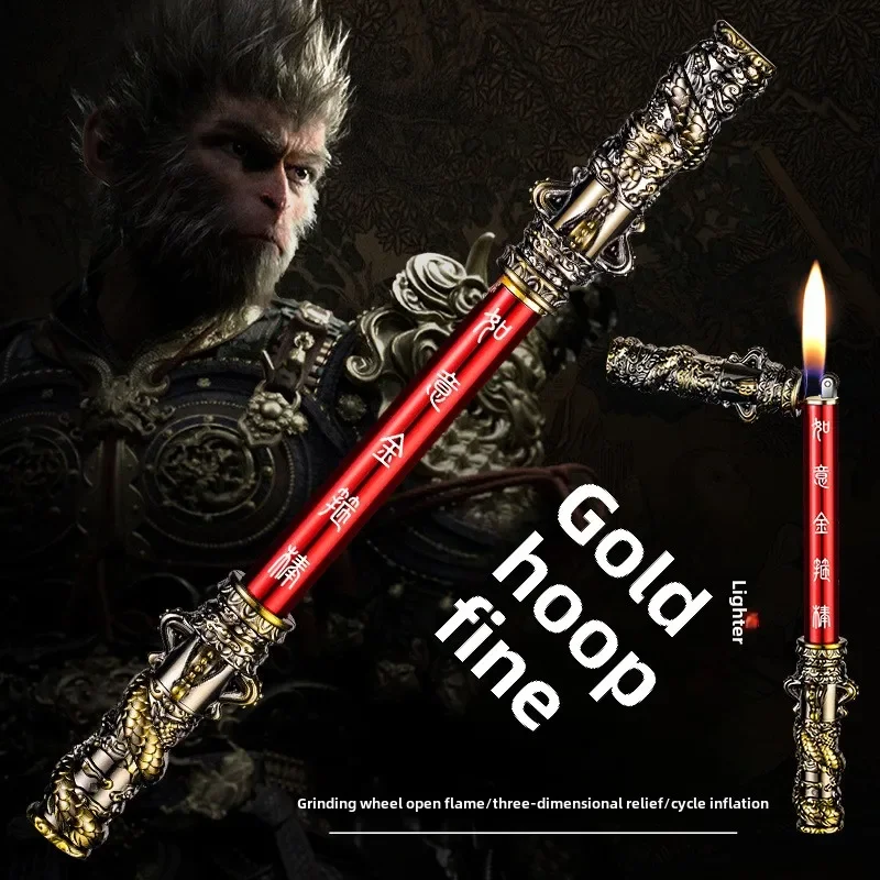 Black Wukong Game Golden Hoop Stick Butane Gas Lighter Cool Foldable Double Joint Stick Open Flame Cigarette Lighter