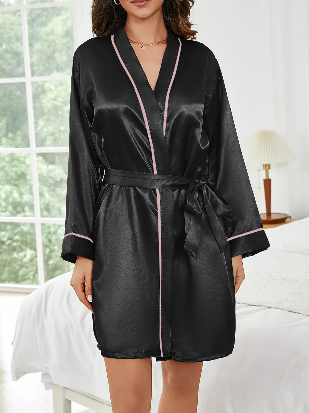 Reine Farbe Kurze Robe Frauen Sommer Dünne Hause Nachtwäsche Casual Bademantel Mode Vielseitig – Detail 5
