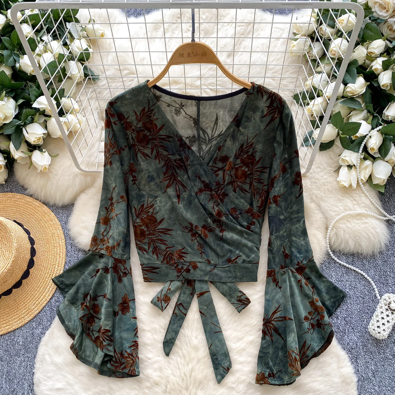 

Vintage Elegant Criss-Cross long sleeve print Blouse Fashion Shirt Chic Top Fairy autumn women clothing