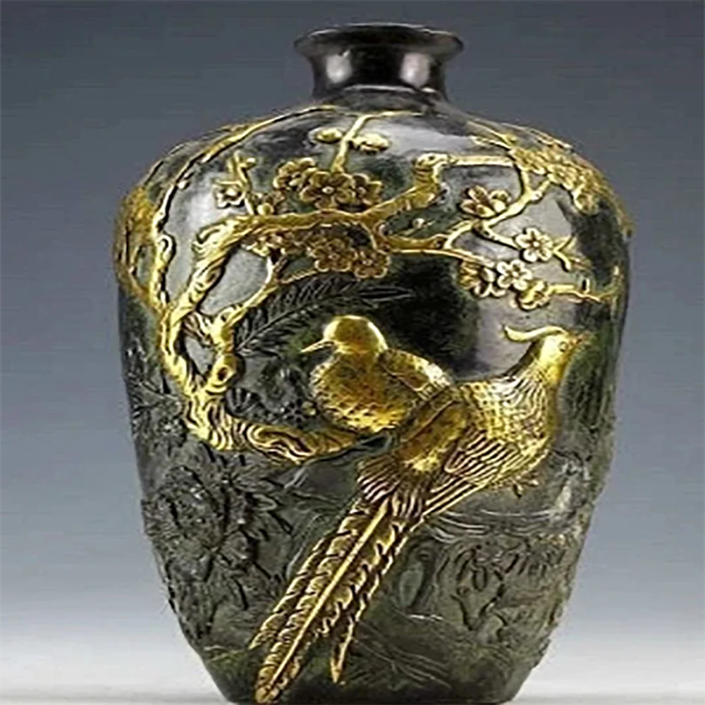 

Chinese Vintage Collection Bronze Statues Gold-plating Flower Bird Vase 20cm