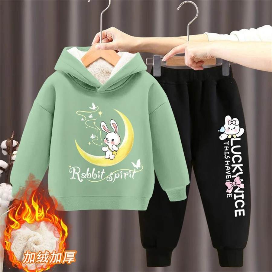 Winter Casual Kids Conjuntos Warm Print Hooded Sweatshirts Tops + Plush Lined Girls Jogger Pants Thicken Chirldren Tracksuit Set