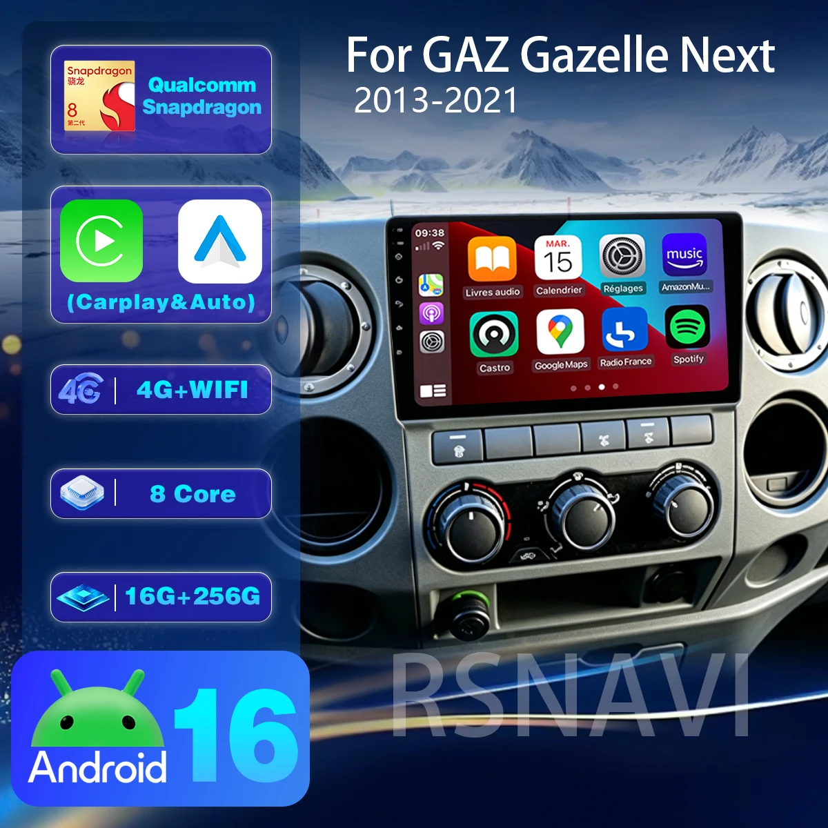 RSNAVI Android 16 Carplay Auto GPS Multimedia Player For GAZ Gazelle Next 2013 2014 - 2021  DVD BT video DSP Snapdragon WiFi+4G