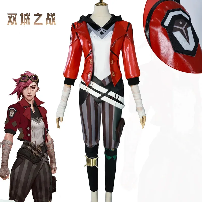 Vi 코스프레 게임 LOL Arcane Costume Piltover Enforcer 복장 Vi 유니폼 레드 가발 정장 할로윈 카니발 역할 놀이 소품 Womanc;8,