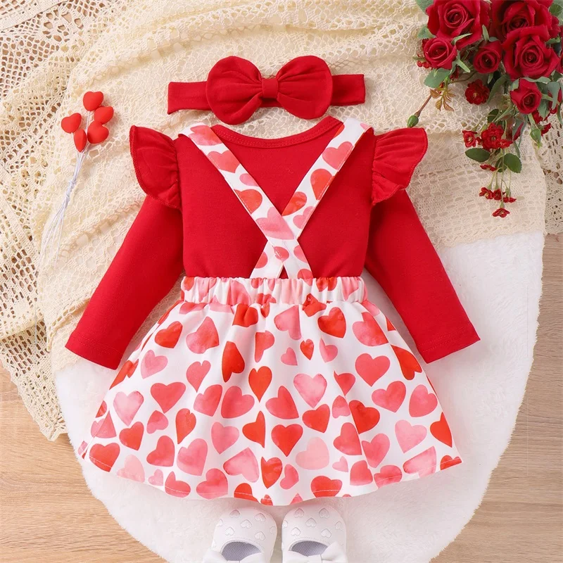 2023-11-09 Lioraitiin Newborn Baby Girls Valentine\'s Day Outfits Romper Bear Patch Heart Print Baby Suspender Skirts Clothes Set