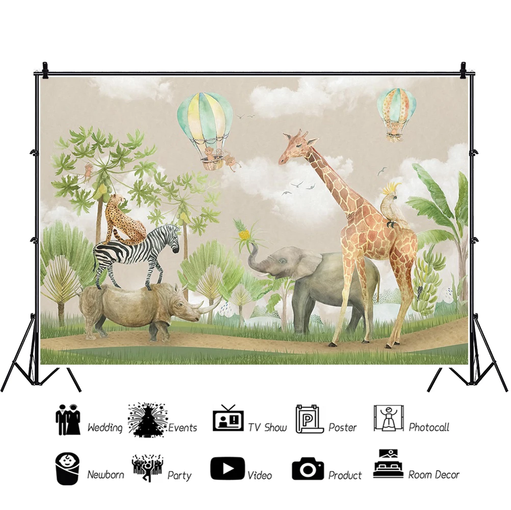 Laeacco Động Vật Châu Phi Sinh Nhật Nền Khí Cầu Khí Nóng Rừng Safari Đảng Bé Chân Dung Tùy Chỉnh Nhiếp Ảnh Backdrop