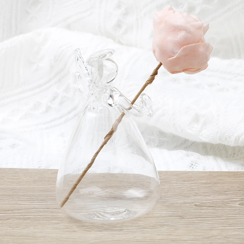 1Pc Angel Shaped Glass Flower Vase Hanging Plant Vase Transparent Planter Pot Garden Decor