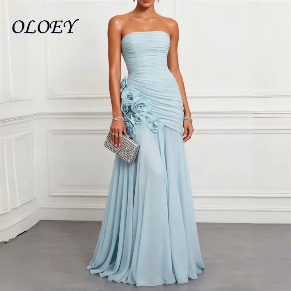 OLOEY 2026 Chiffon Trägerloses Blumen-Meerjungfrauenkleid Bodenlang Plissiert Ärmellos Schnürung Partykleid Robes De Soirée Maßanfertigung