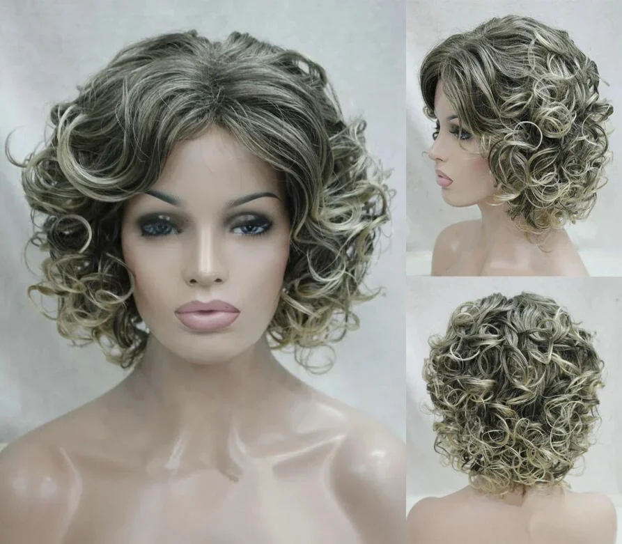 Elizabeth Womwns Short Mix Gray Brown Spiral Curly Daily wigs