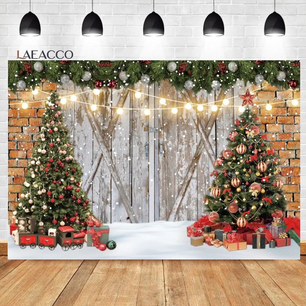 

Laeacco Christmas Wooden Barn Door Backdrop for Photography Red Brick Wall Xmas Tree Snow Gift Family Portrait Photo Background