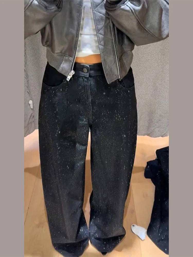 Casual Sequined Denim Trousers Women Fashion Long Loose Solid Wide Leg Straight Pants Female 2026 Autumn Shinny Party Lady Pant