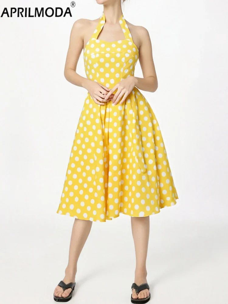 Halter Strapless Polka Dot Print Short Bridesmaid Women Dress Hepburn 1950s Vintage Casual Prom Gowns A Line Swing Runway Dress