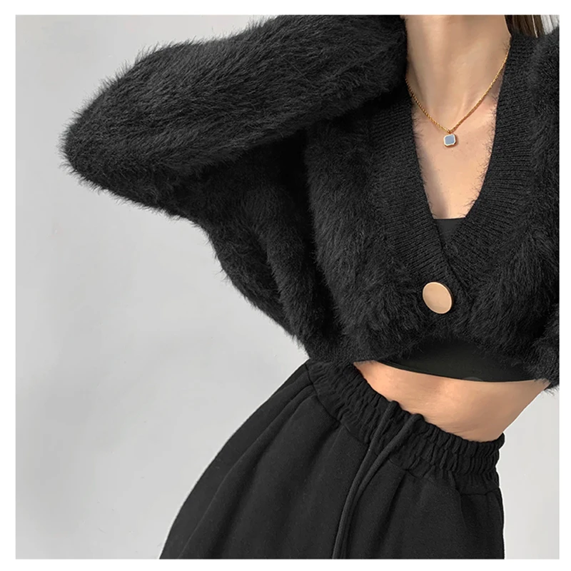 HELIAR Women Button Cropped Sweater Imitation Mink Hair V-Neck Long Sleeve Sweater Solid Cardigan Coat Women 2024 Autumn Winter