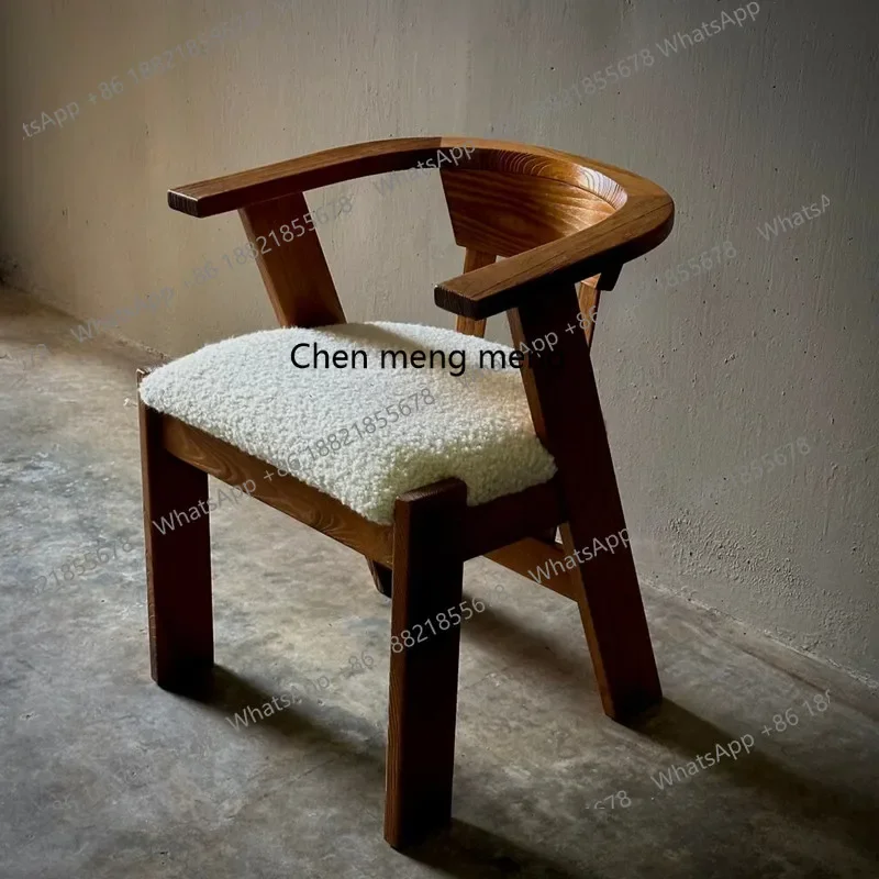 X Household, lamb wool solid wood backrest, leisure chair, retro simple restaurant medieval dining chair