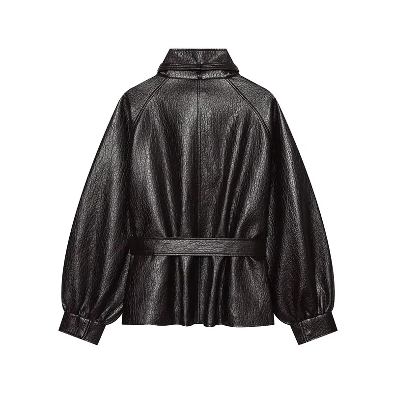 Nlzgmsj 2026 Autumn Women Elegant Stand Collar Faux Leather Jacket Loose Lantern Sleeve With Waist Belt  Ladies Outerwear