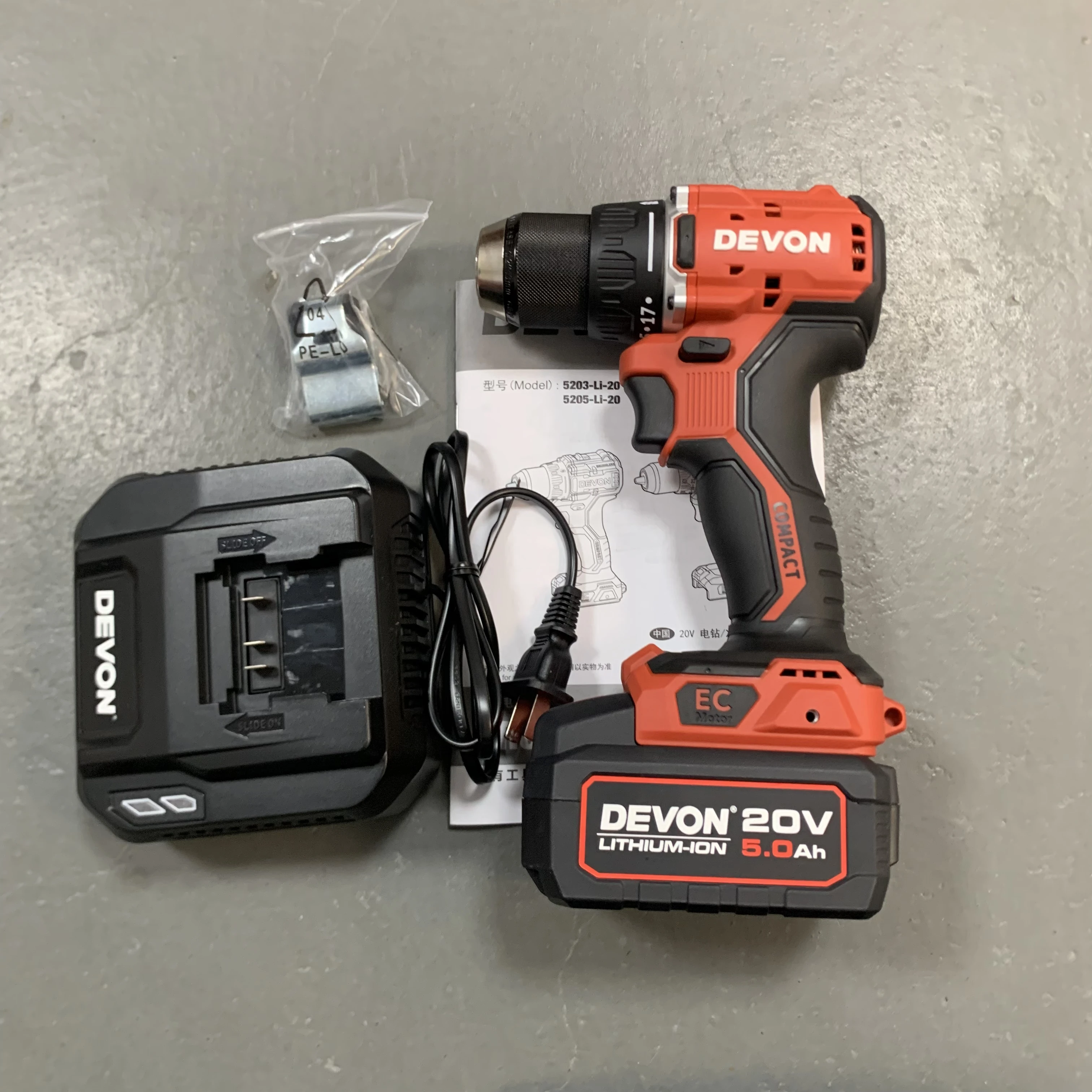 DEVON charging handheld drill 5203 brushless impact lithium screwdriver high torque drill with 5.0AH battery and charger