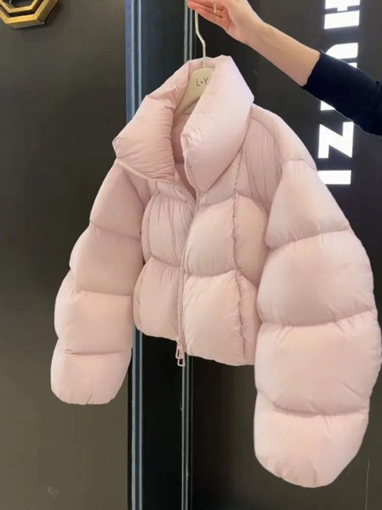 Unique Pink ort Puff Sle Women's down Jaet 2025 New Korean Version Small Size Bread Coat Warm Thiened High Waist Zipper