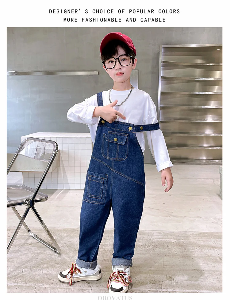 Modische Jeans-Latzhose für Jungen und Mädchen, Kinder Retro Dunkelblau Jeans-Overall mit Trägern, Coole Streetwear Latzhose für Kinder – Detail 9