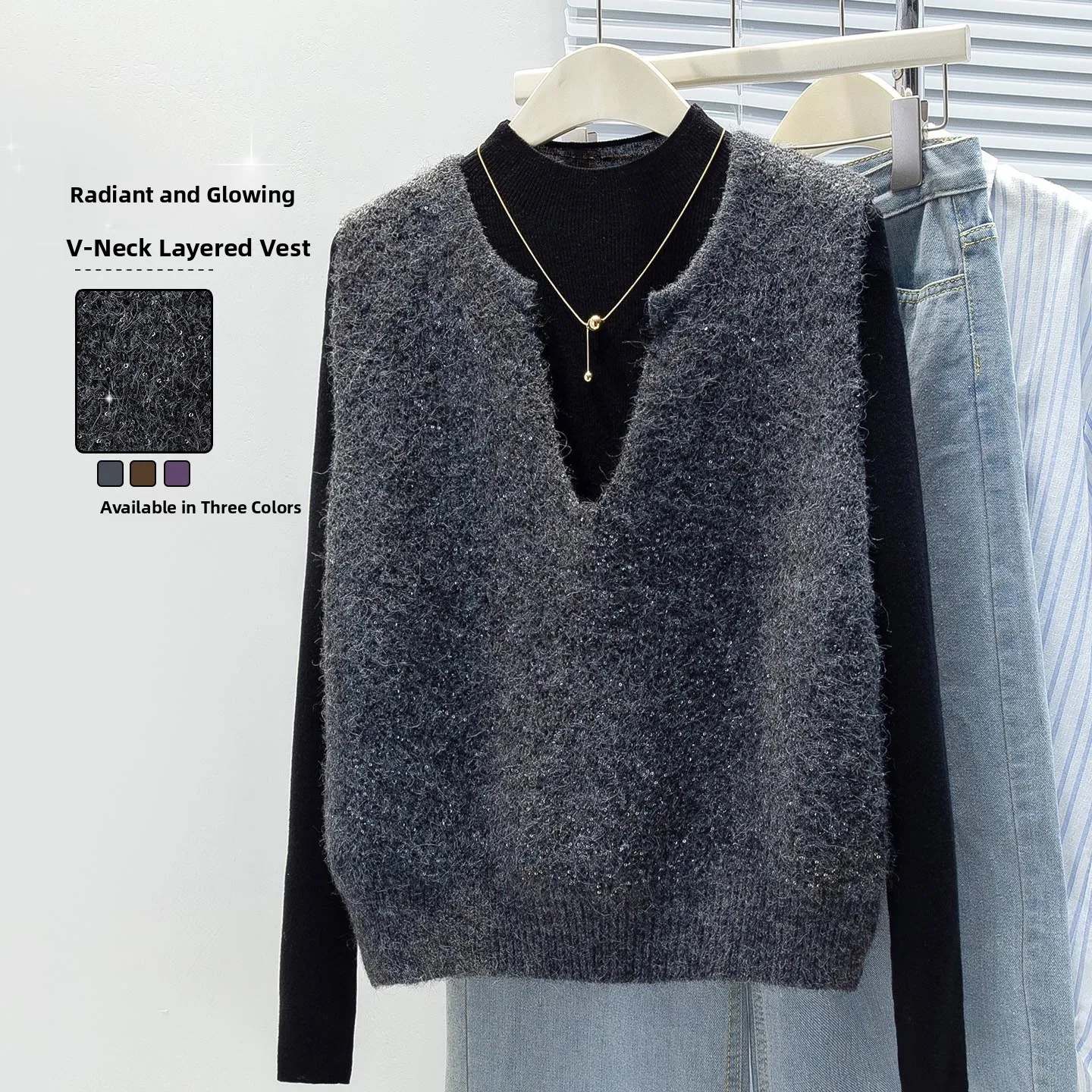 

iny Cotton on Knitted Vest Women's Korean Sle Autumn Winter New Small Design Sensation oulder Sweater Long Sve