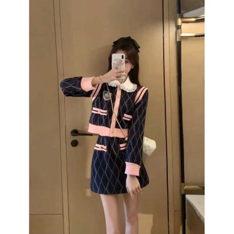 Korean Fashion Autumn Winter Diamond Lattice Sweater Two Piece Set Women Single-Breasted Knitted Cardigan + Mini Skirt Suit