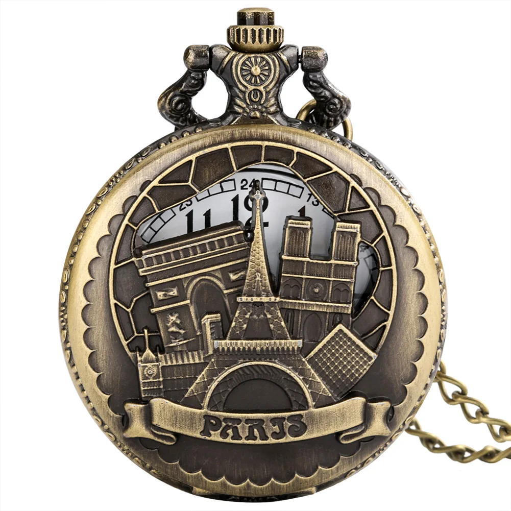 

New Vintage Bronze Unisex Quartz Pocket Watch Slim Chain Necklace Paris Hollowed Out Building Nostalgic Pendant Clock Souvenir